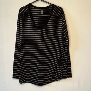 A.N.A New Approach Womens Black & White Stripe  V Neck Long Sleeve Top Sz 1X.
